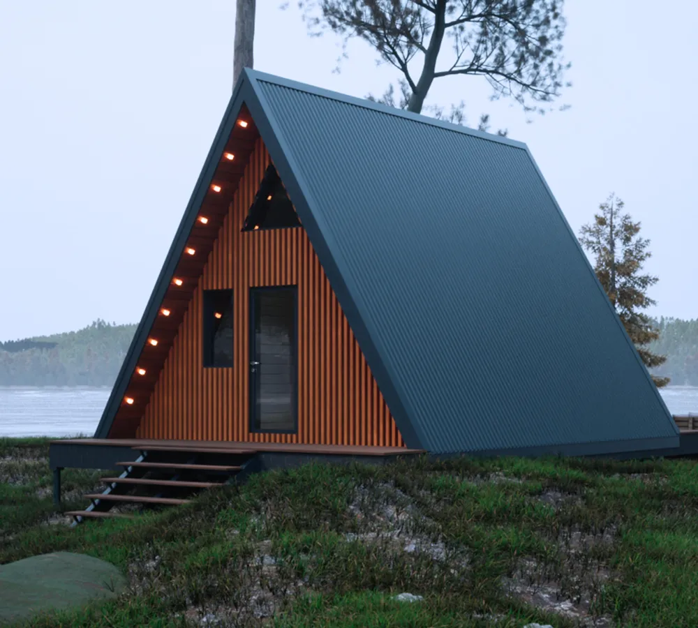 A-frame house in the mist, medium shot