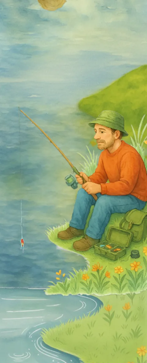 Illustration: fisherman by the pond
