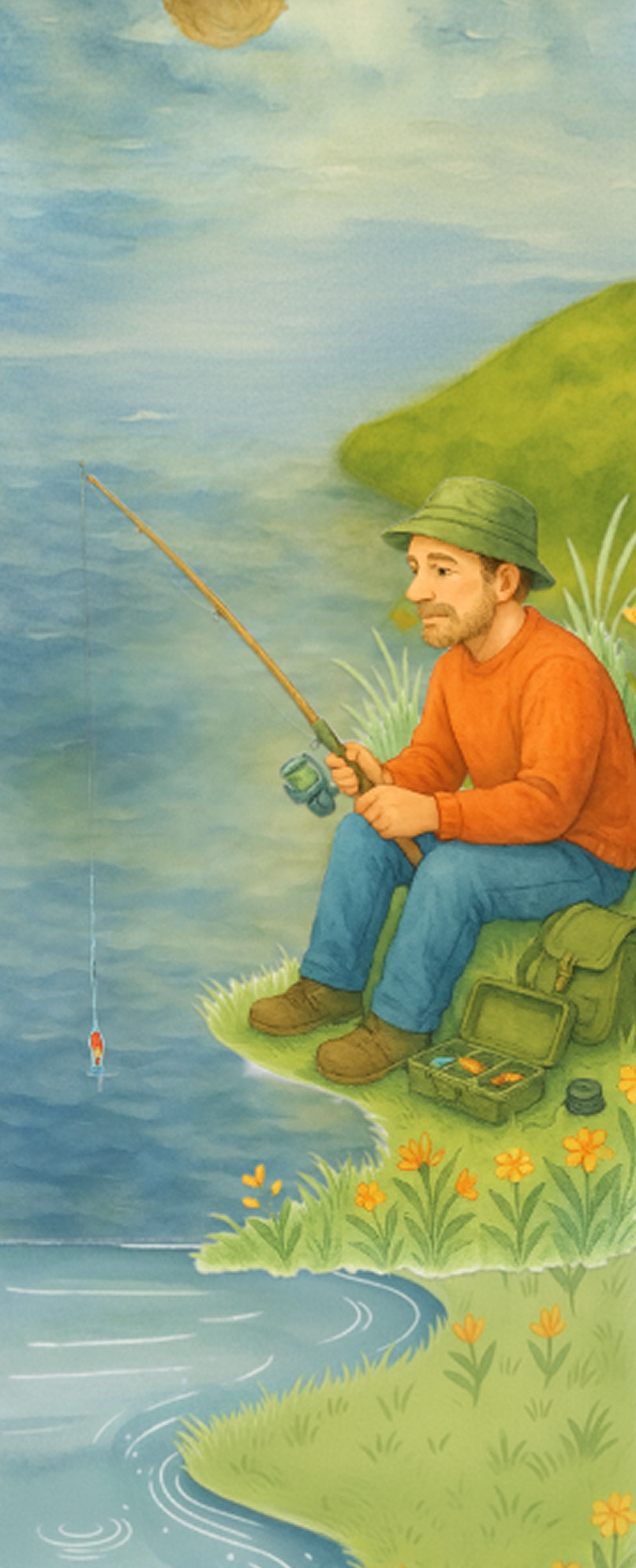 Illustration: fisherman by the pond